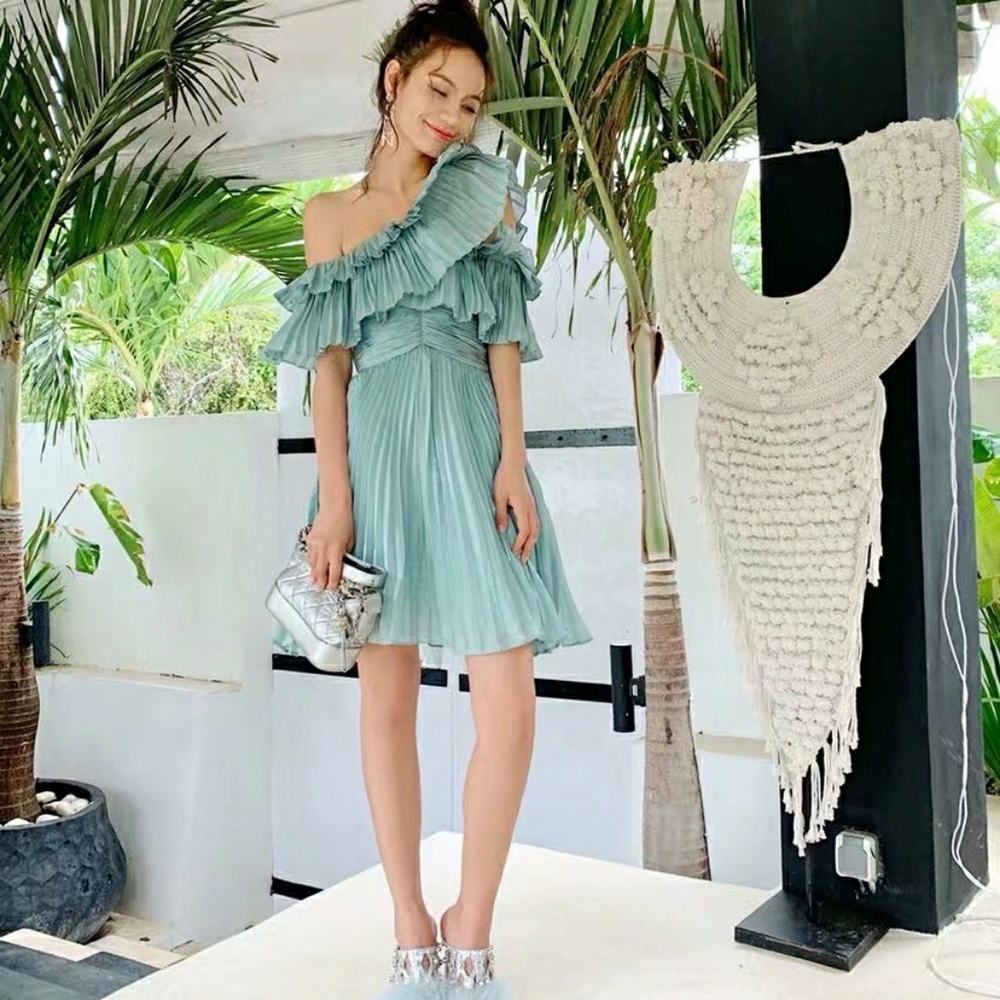 shoulder drop blue dress